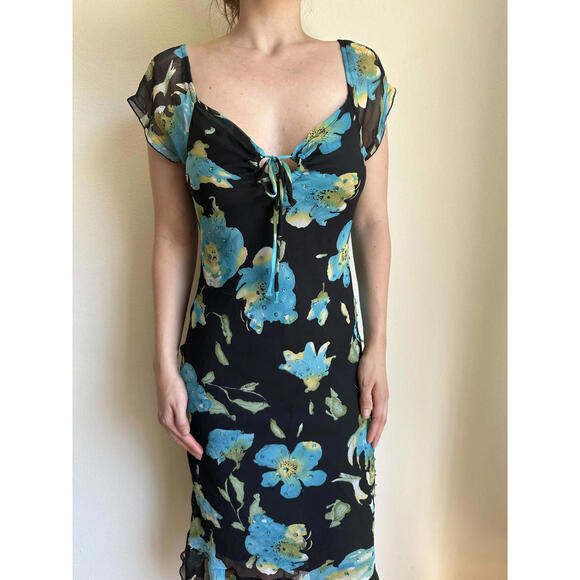 Gorgeous Vintage Blue and Black Floral Sparkly Milkmaid Dress - Picture 1 of 9
